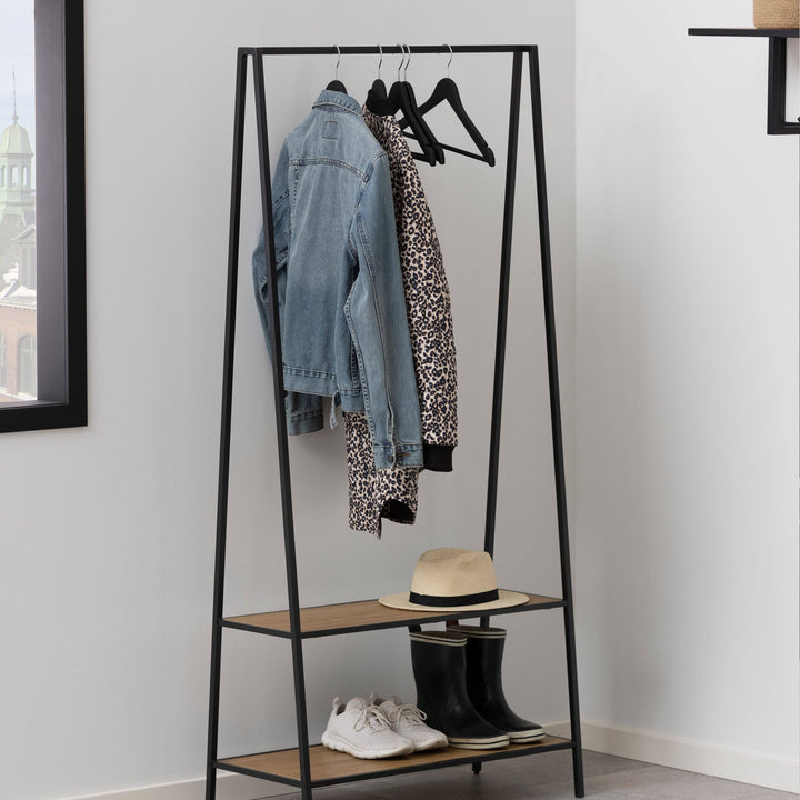 Seaford Black Metal Clothes Rack with 2 Oak Shelves - TidySpaces