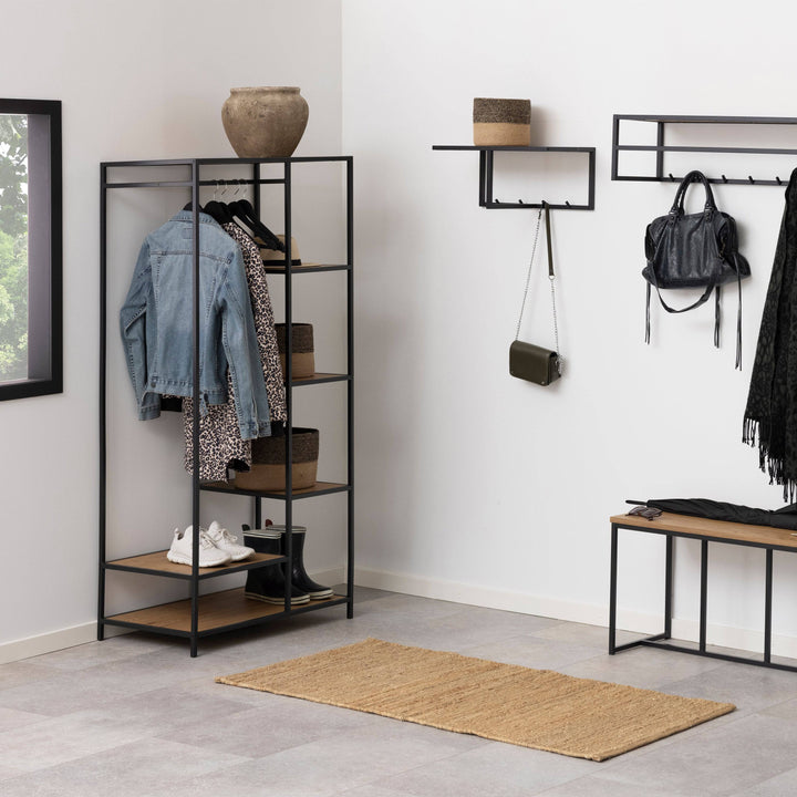 Seaford Black Metal Clothes Rack with 5 Oak Shelves - TidySpaces