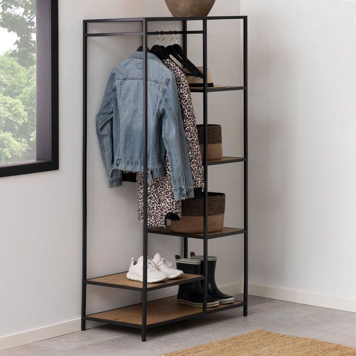 Seaford Black Metal Clothes Rack with 5 Oak Shelves - TidySpaces