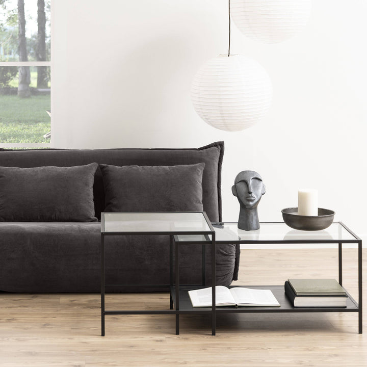 Seaford Black Metal Coffee Table Set with Glass Top - TidySpaces