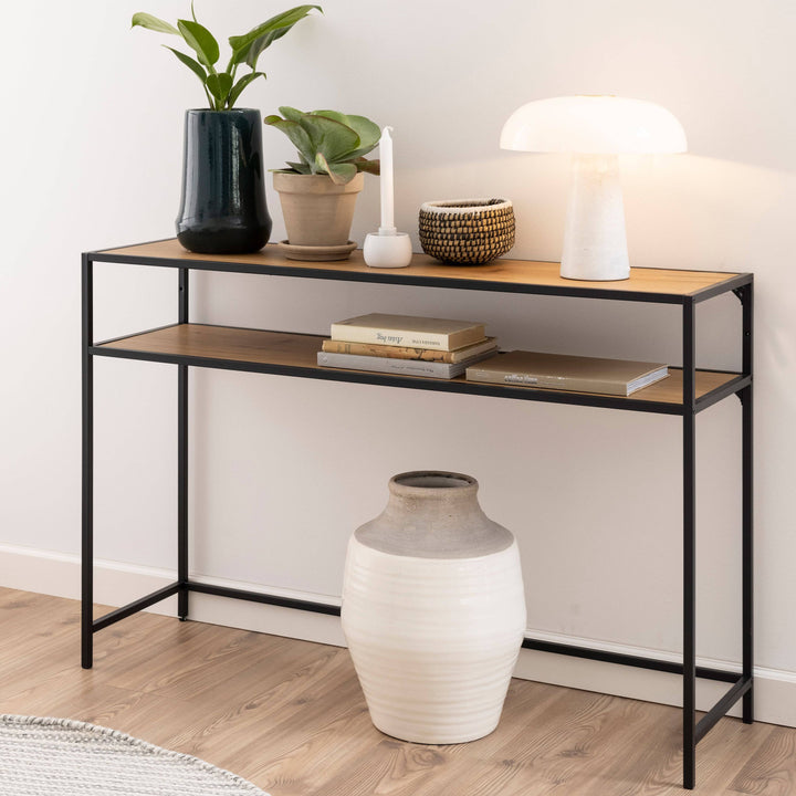 Seaford Black Metal Console Table With Oak Top - TidySpaces