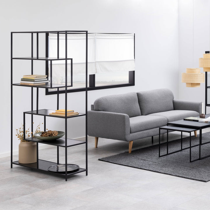 Seaford Black Metal Large Asymmetrical Bookcase with 5 Black Shelves - TidySpaces