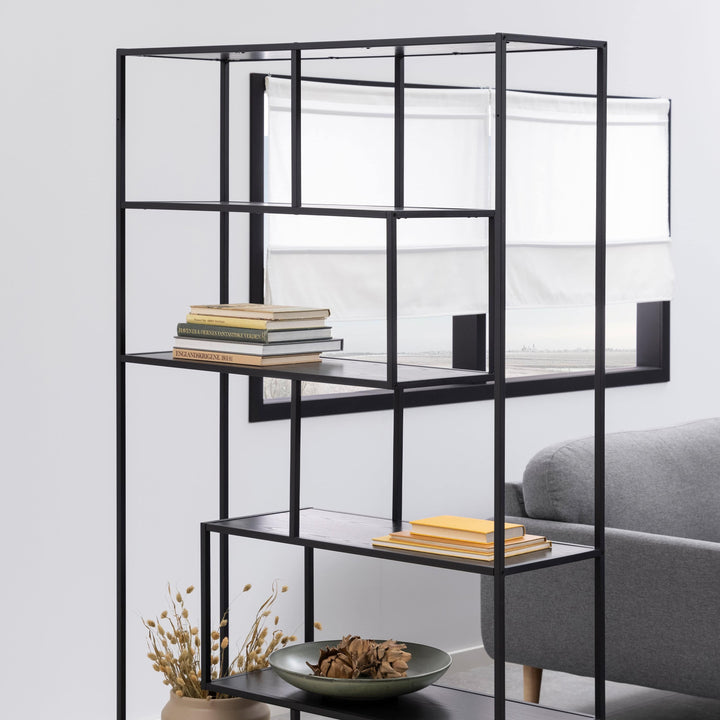 Seaford Black Metal Large Asymmetrical Bookcase with 5 Black Shelves - TidySpaces