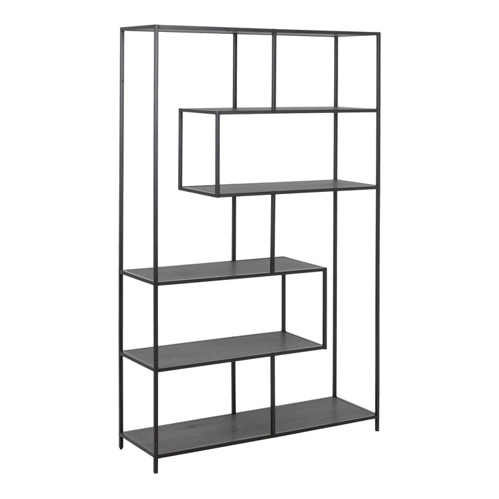 Seaford Black Metal Large Asymmetrical Bookcase with 5 Black Shelves - TidySpaces