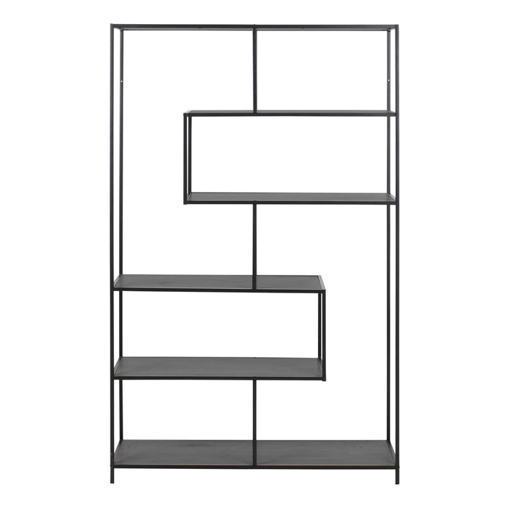 Seaford Black Metal Large Asymmetrical Bookcase with 5 Black Shelves - TidySpaces