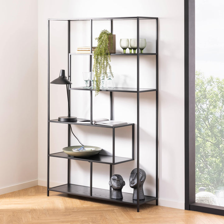 Seaford Black Metal Large Asymmetrical Bookcase with 5 Black Shelves - TidySpaces