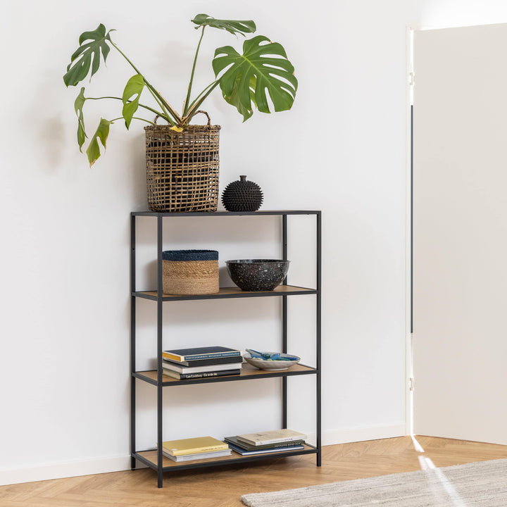 Seaford Black Metal Low Bookcase with 3 Oak Shelves - TidySpaces