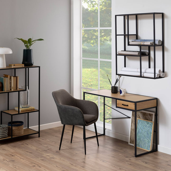 Seaford Black Metal Wide Wall Shelf with 3 Additional Oak Shelves - TidySpaces