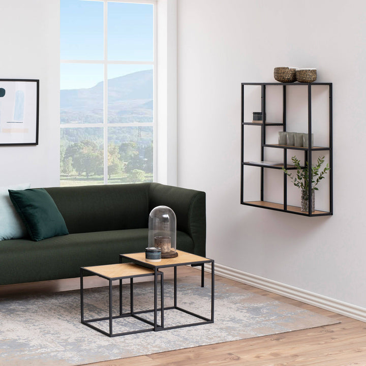 Seaford Black Metal Wide Wall Shelf with 3 Additional Oak Shelves - TidySpaces