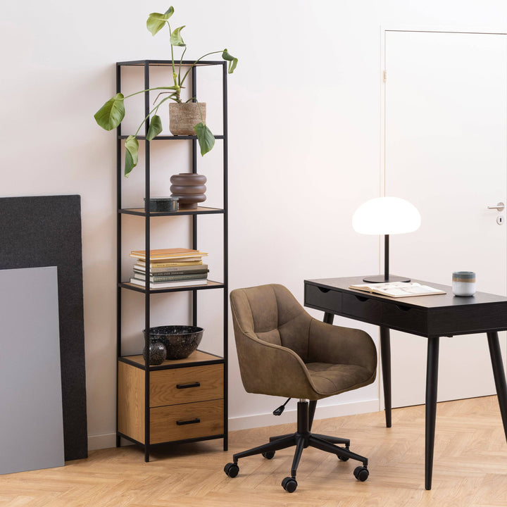 Seaford Bookcase with 2 Drawers and 3 Shelves in Black & Oak - TidySpaces