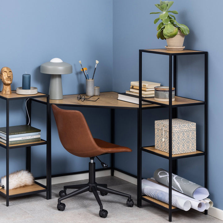 Seaford Narrow Black Metal Bookcase with 3 Oak Shelves - TidySpaces