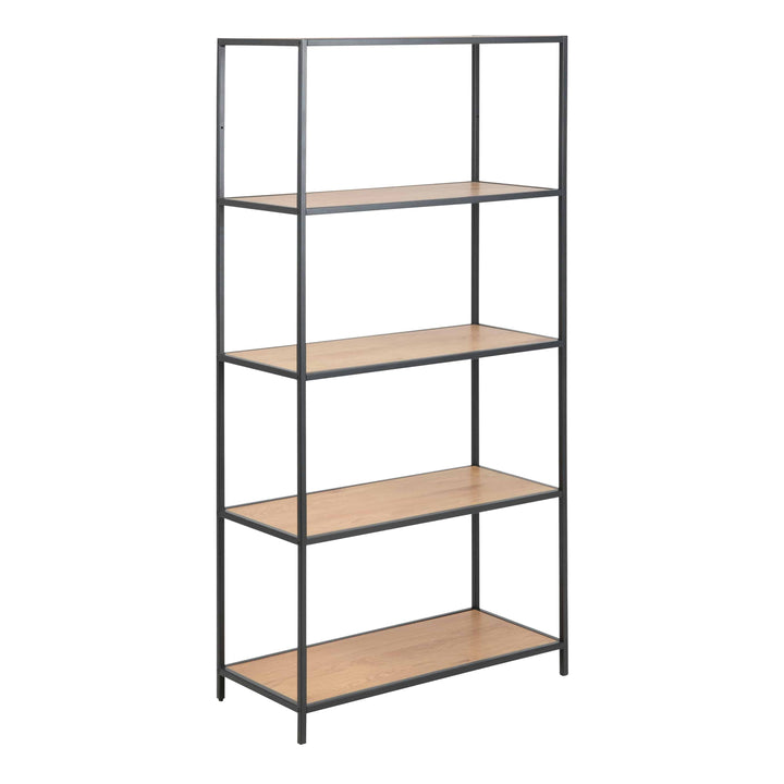 Seaford Tall Black Metal Bookcase with 4 Oak Shelves - TidySpaces