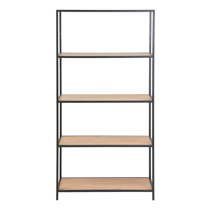 Seaford Tall Black Metal Bookcase with 4 Oak Shelves - TidySpaces