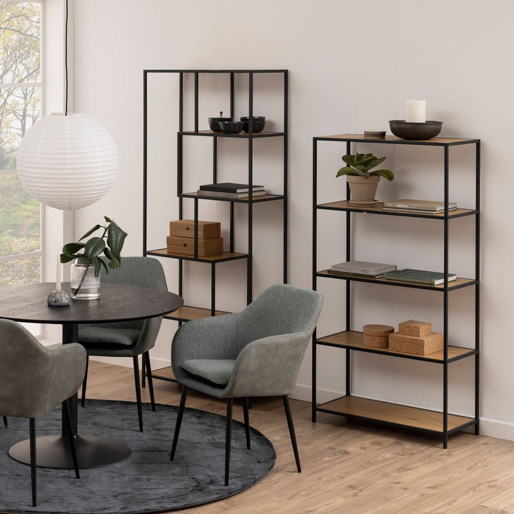 Seaford Tall Black Metal Bookcase with 4 Oak Shelves - TidySpaces