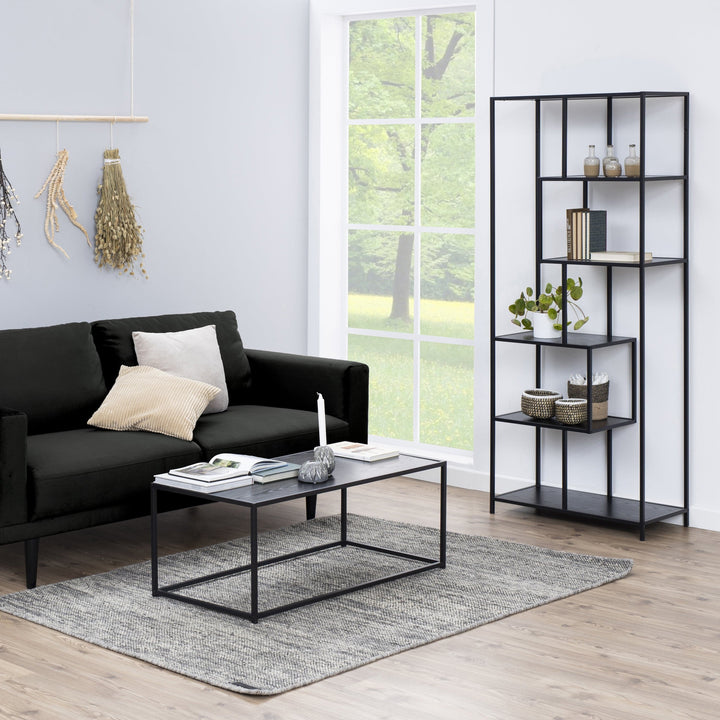 Seaford Tall Black Metal Bookcase with 5 Black Shelves - TidySpaces