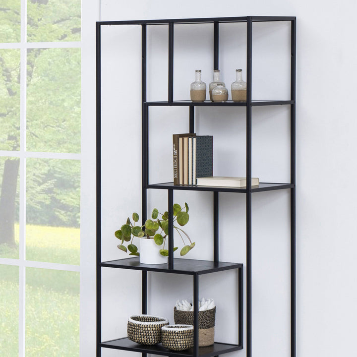 Seaford Tall Black Metal Bookcase with 5 Black Shelves - TidySpaces