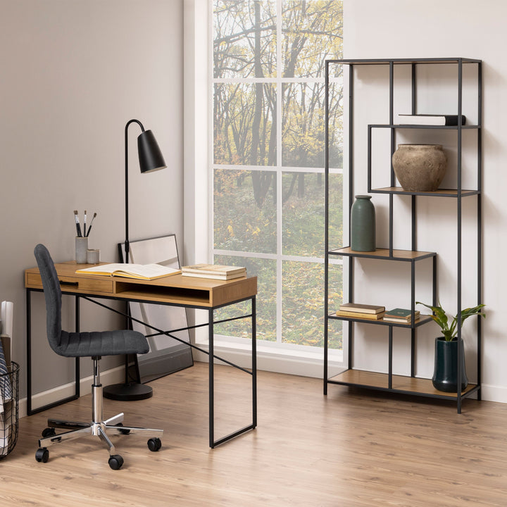 Seaford Tall Black Metal Bookcase with 5 Oak Shelves - TidySpaces