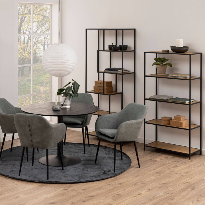 Seaford Tall Black Metal Bookcase with 5 Oak Shelves - TidySpaces