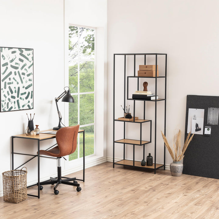 Seaford Tall Black Metal Bookcase with 5 Oak Shelves - TidySpaces
