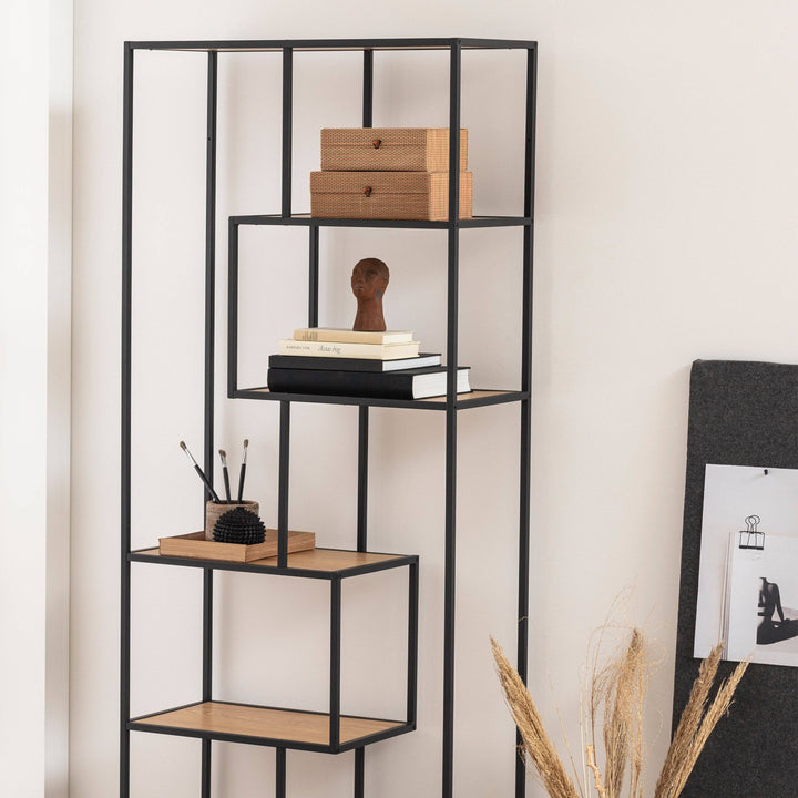 Seaford Tall Black Metal Bookcase with 5 Oak Shelves - TidySpaces