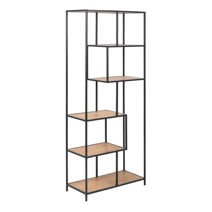 Seaford Tall Black Metal Bookcase with 5 Oak Shelves - TidySpaces