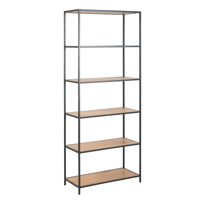 Seaford Tall Black Metal Bookcase with 5 Shelves in Oak - TidySpaces