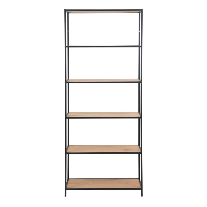 Seaford Tall Black Metal Bookcase with 5 Shelves in Oak - TidySpaces