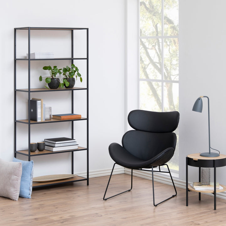 Seaford Tall Black Metal Bookcase with 5 Shelves in Oak - TidySpaces