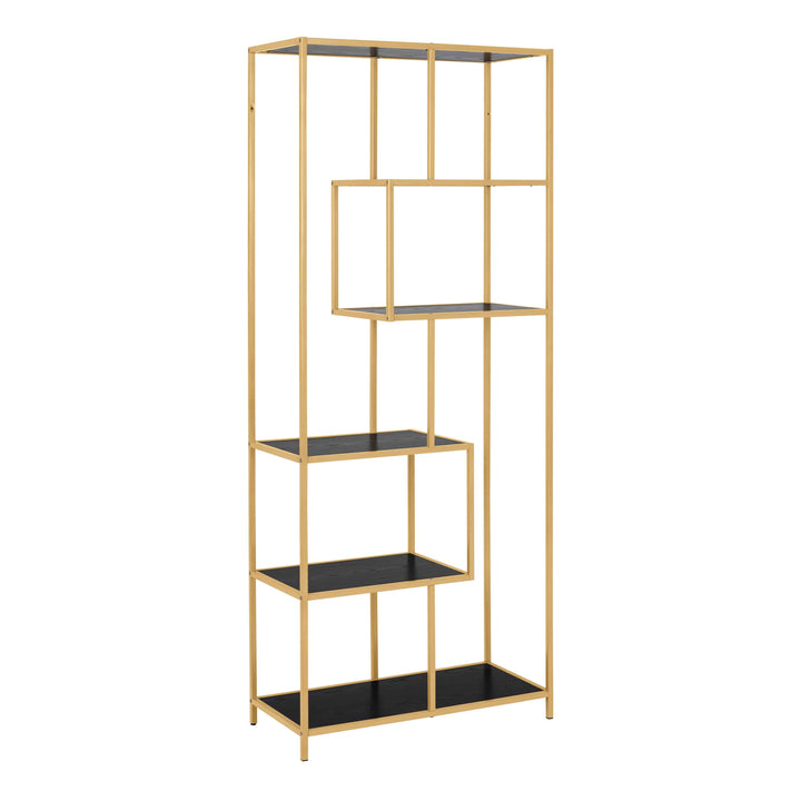 Seaford Tall Gold Metal Bookcase with 5 Black Shelves - TidySpaces