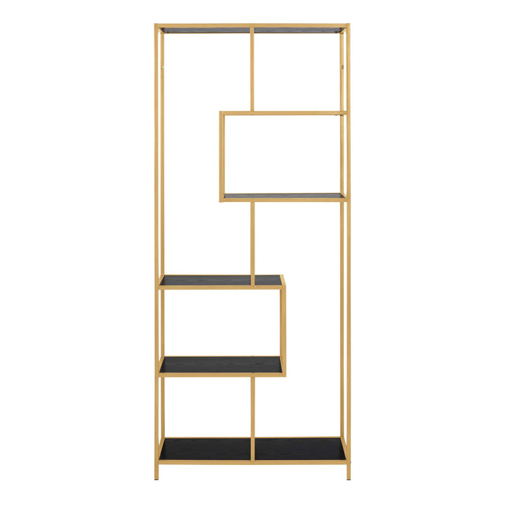 Seaford Tall Gold Metal Bookcase with 5 Black Shelves - TidySpaces