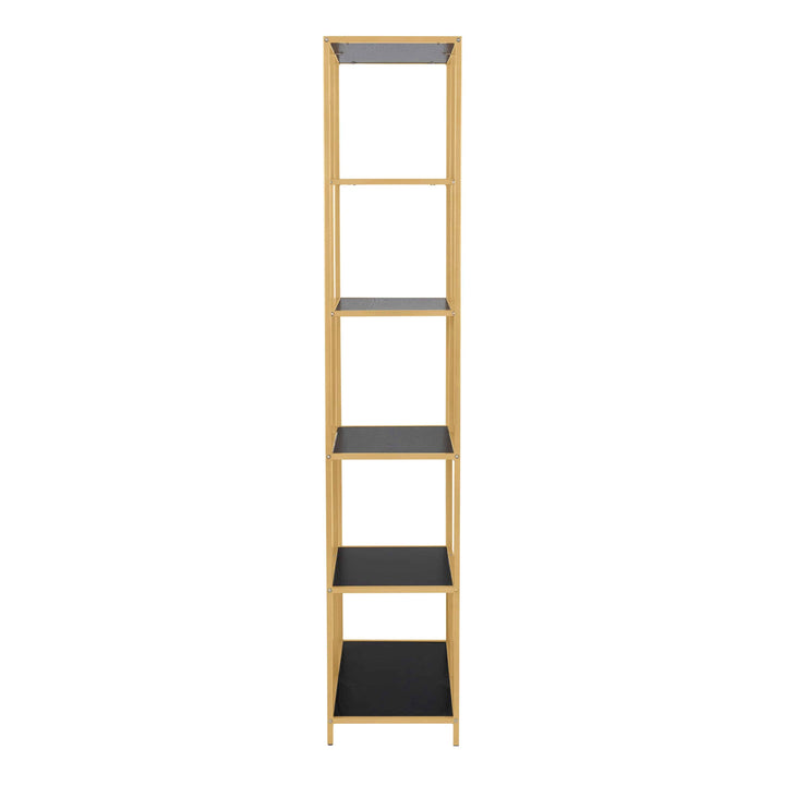 Seaford Tall Gold Metal Bookcase with 5 Black Shelves - TidySpaces