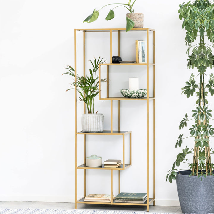Seaford Tall Gold Metal Bookcase with 5 Black Shelves - TidySpaces
