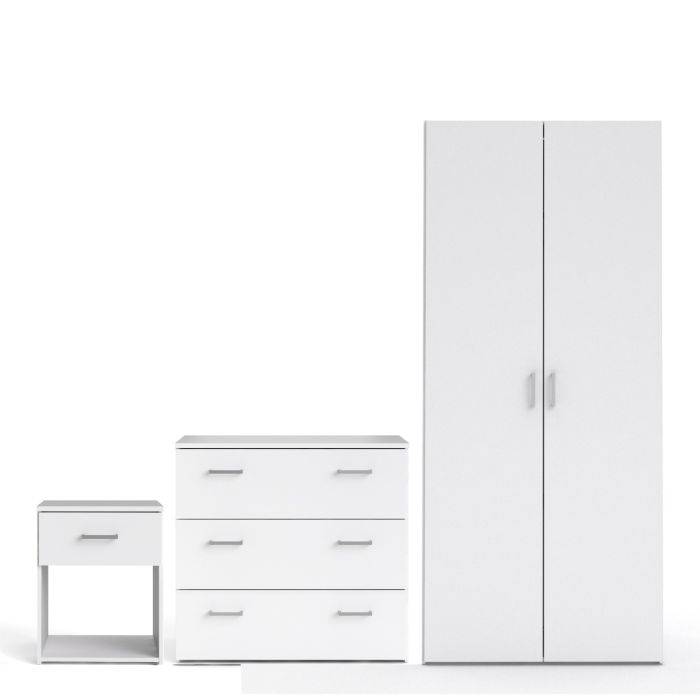 Space 3 Piece Bundle, Bedside, Chest and 2 Door 1 Drawer Wardrobe White - TidySpaces