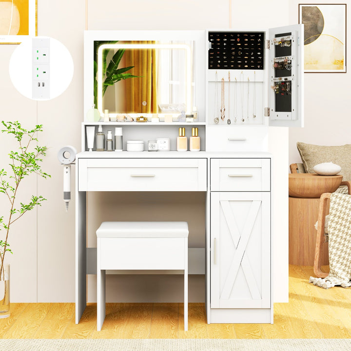 Farmhouse Dressing Table and Stool Set with Charging Station and 3-Color LED Lights-White - TidySpaces