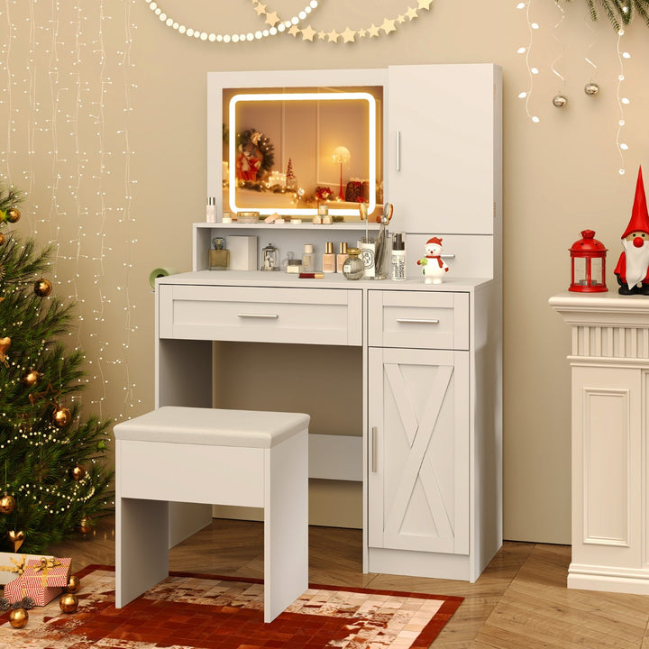 Farmhouse Dressing Table and Stool Set with Charging Station and 3-Color LED Lights-White - TidySpaces