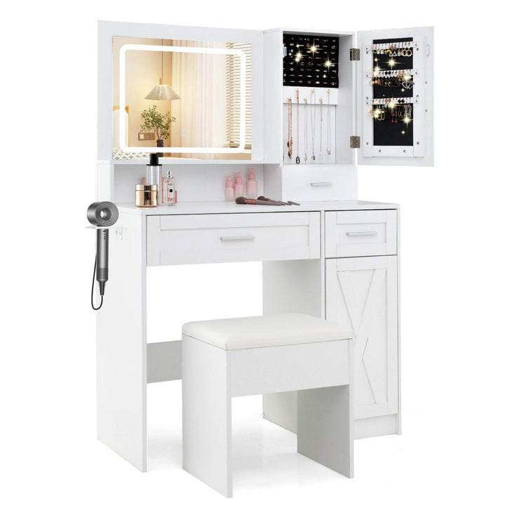 Farmhouse Dressing Table and Stool Set with Charging Station and 3-Color LED Lights-White - TidySpaces
