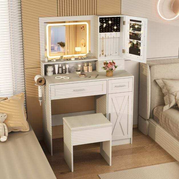 Farmhouse Dressing Table and Stool Set with Charging Station and 3-Color LED Lights-White
