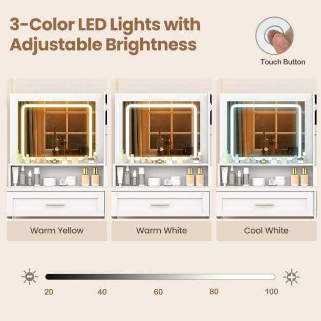 Farmhouse Dressing Table and Stool Set with Charging Station and 3-Color LED Lights-White