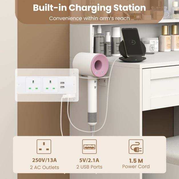 Farmhouse Dressing Table and Stool Set with Charging Station and 3-Color LED Lights-White
