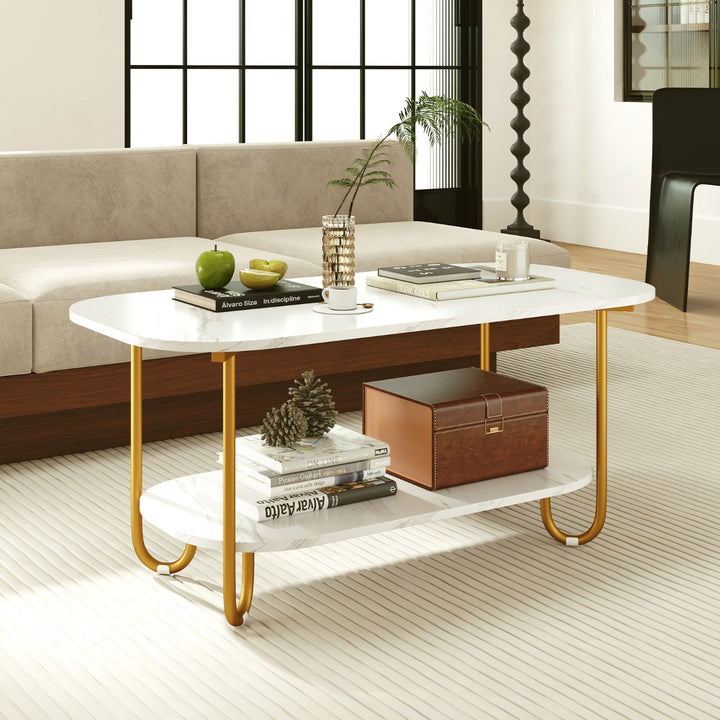 Faux Marble Top Coffee Table with Heavy-duty Metal Frame-White - TidySpaces
