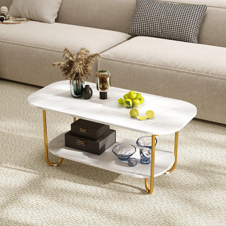 Faux Marble Top Coffee Table with Heavy-duty Metal Frame-White - TidySpaces