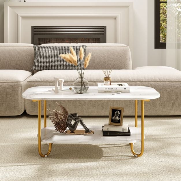 Faux Marble Top Coffee Table with Heavy-duty Metal Frame-White - TidySpaces