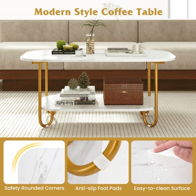 Faux Marble Top Coffee Table with Heavy-duty Metal Frame-White - TidySpaces