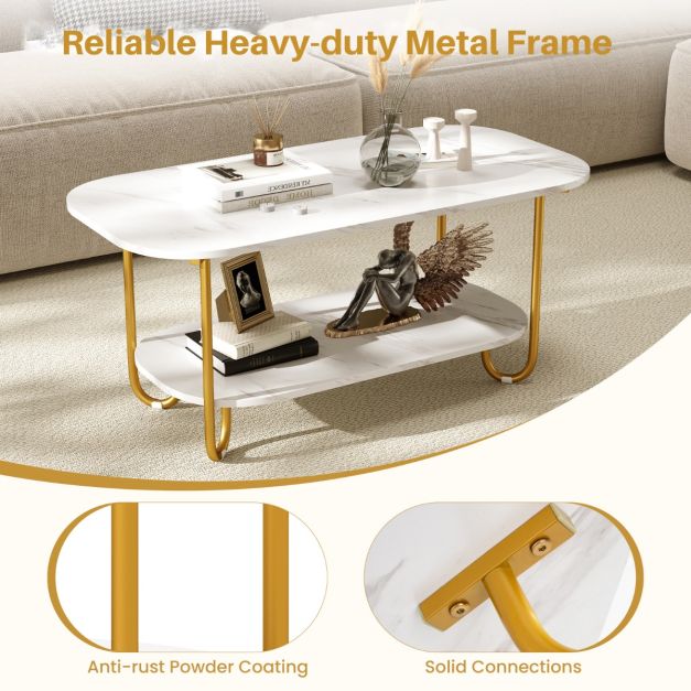 Faux Marble Top Coffee Table with Heavy-duty Metal Frame-White - TidySpaces