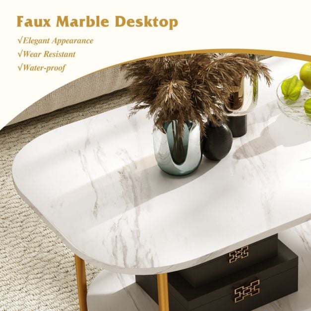 Faux Marble Top Coffee Table with Heavy-duty Metal Frame-White - TidySpaces