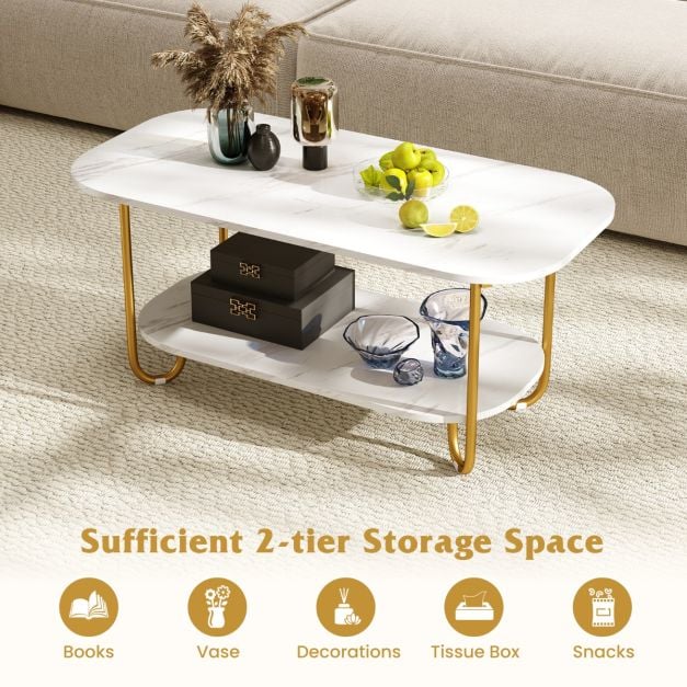 Faux Marble Top Coffee Table with Heavy-duty Metal Frame-White - TidySpaces
