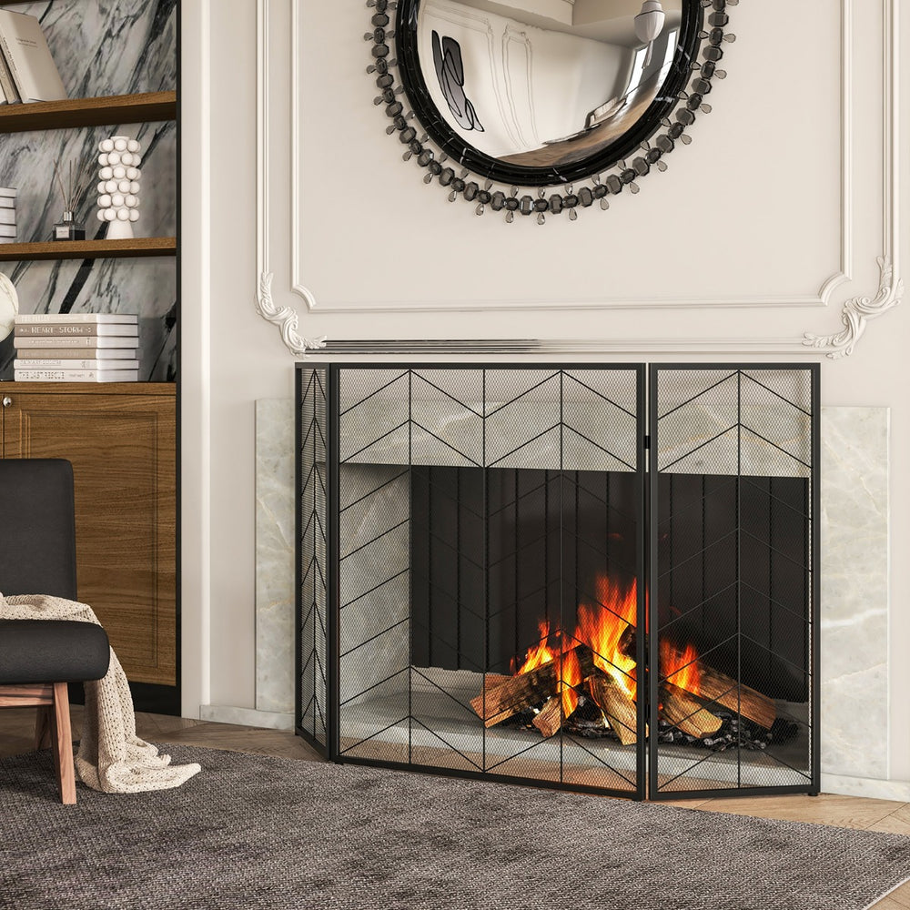 3-Panel Folding Spark Guard with Chevron Herringbone Pattern - TidySpaces