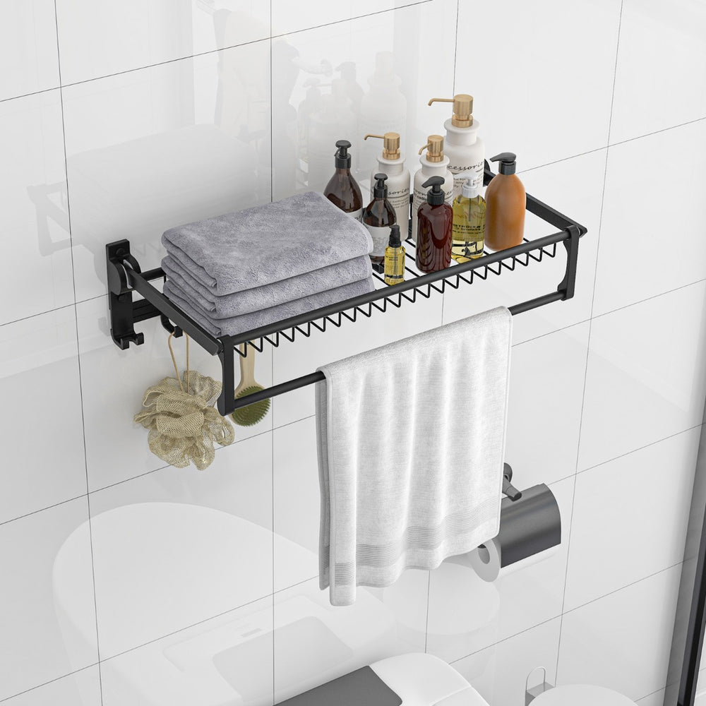 Foldable Bathroom Towel Rack with Adjustable Towel Bar and Movable Hooks - TidySpaces
