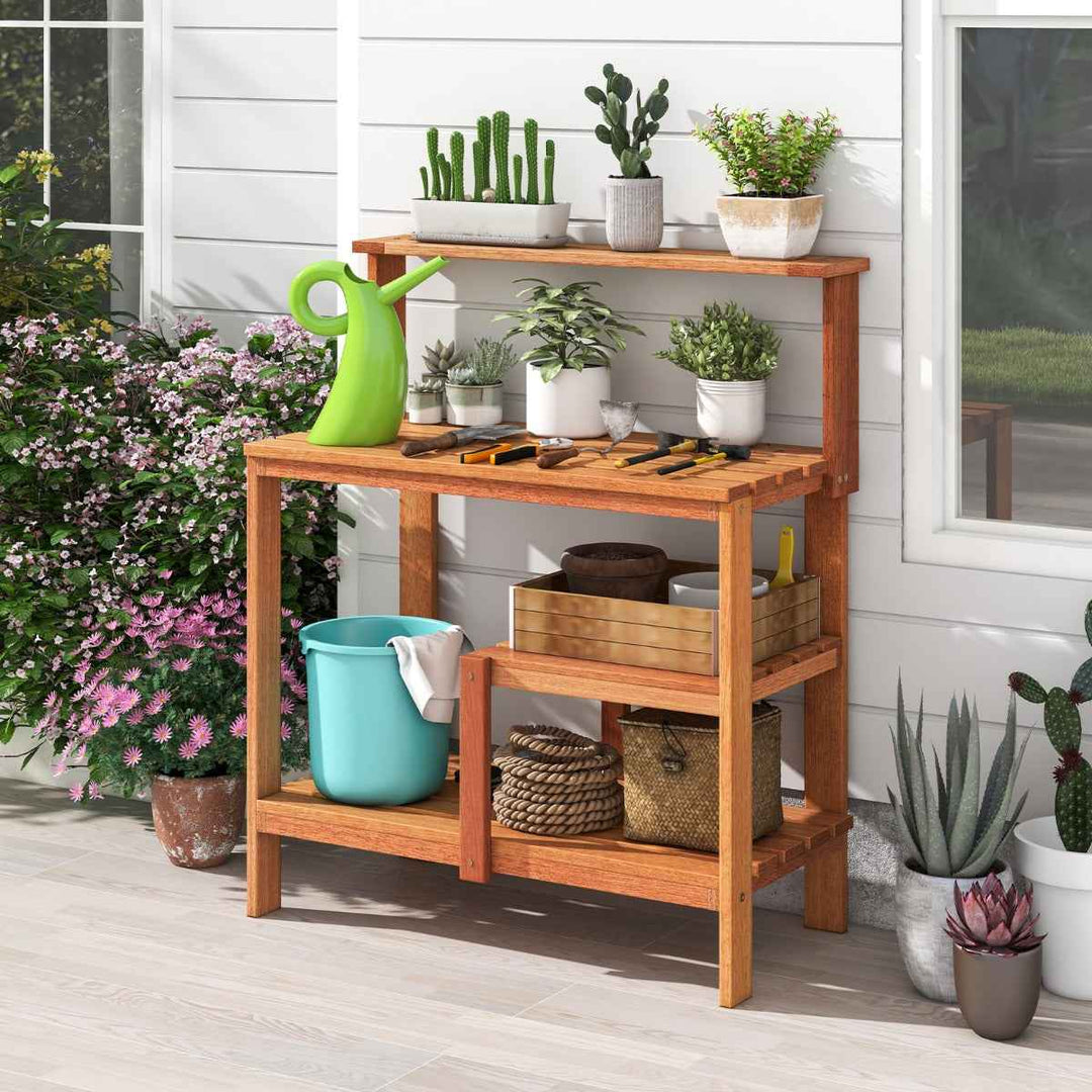 Garden Potting Bench Table with Open Shelves and Teak Oil Finish - TidySpaces
