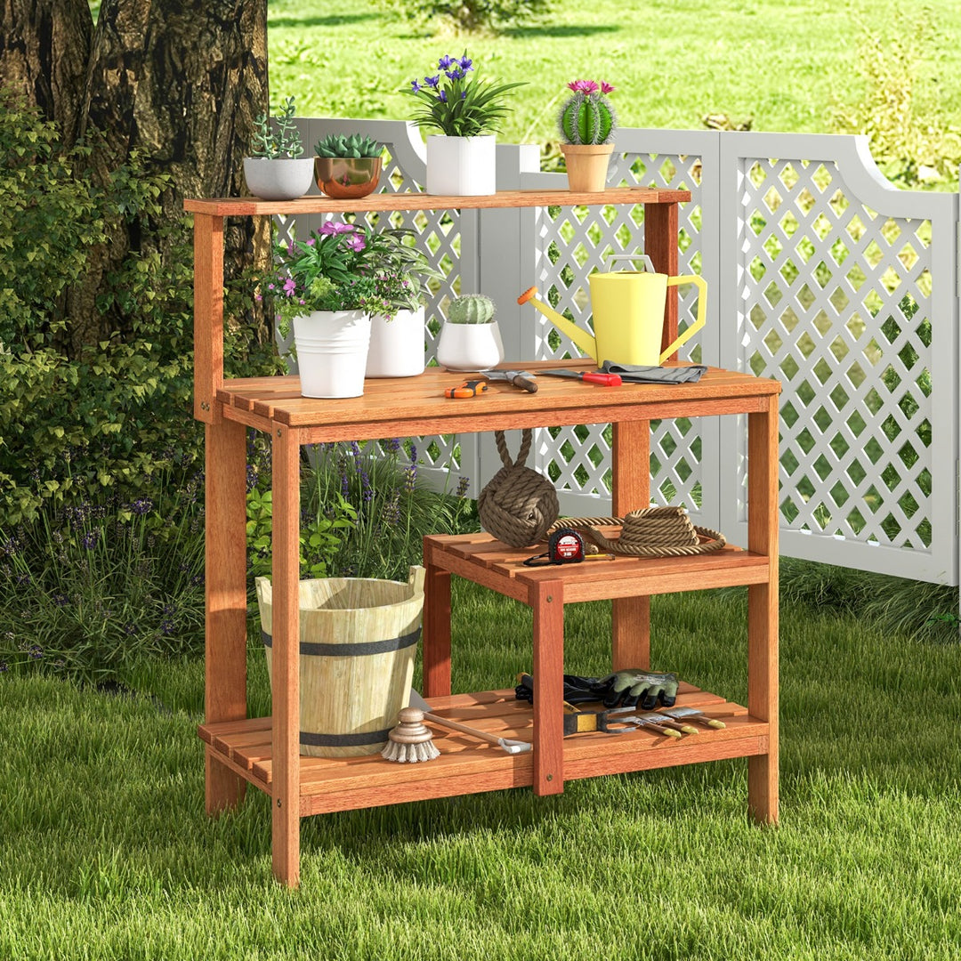 Garden Potting Bench Table with Open Shelves and Teak Oil Finish - TidySpaces